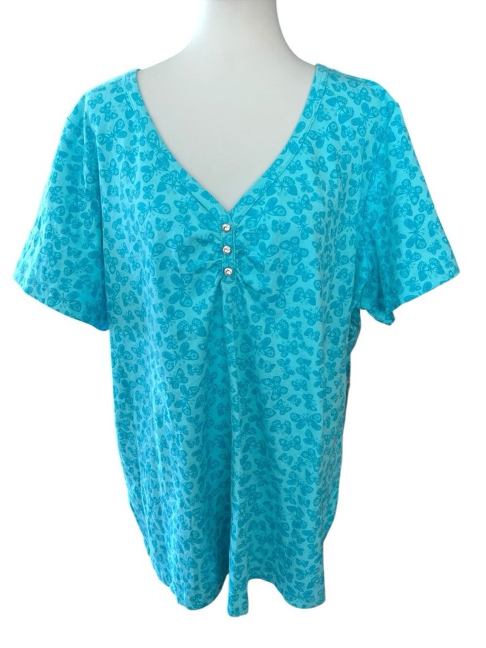 Essentials By Maggie Aqua/Turquoise Short Sleeve V-Neck Butterfly Top-26/28-NWT
